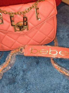 bebe Quilted Coral-Pink Chain Strap Crossbody Bag